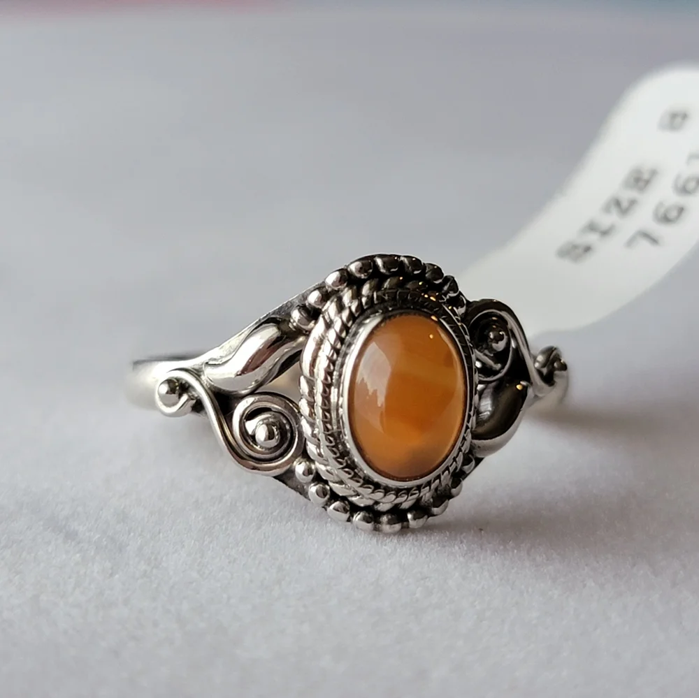 Carnelian Sterling Silver Dahlia Ring Oval Gemstone Cabochon Filigree